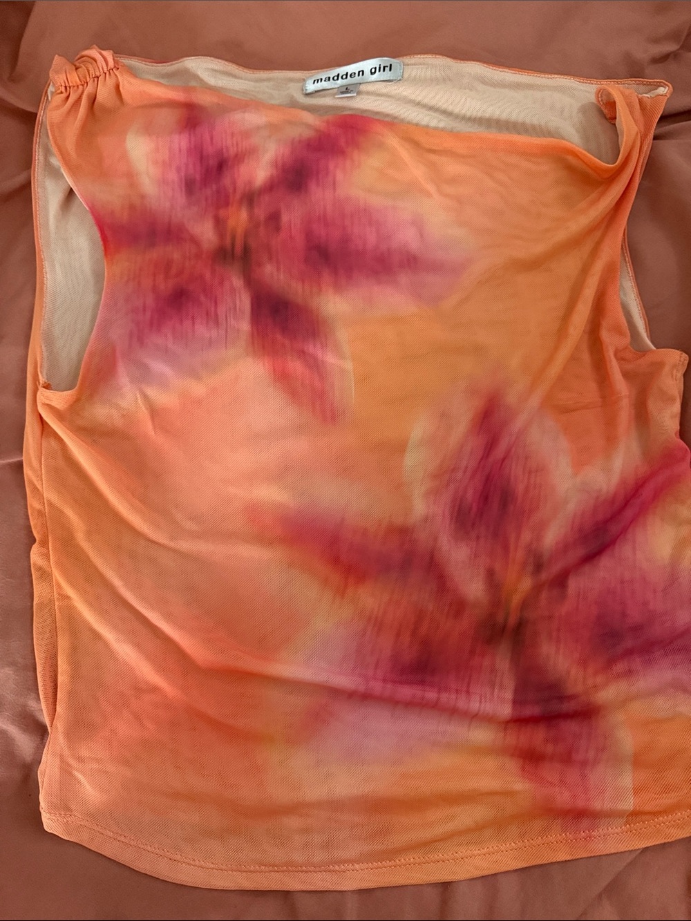 Madden Girl Orange Tie-Dye Mesh Tank with Pink Bloom Accents